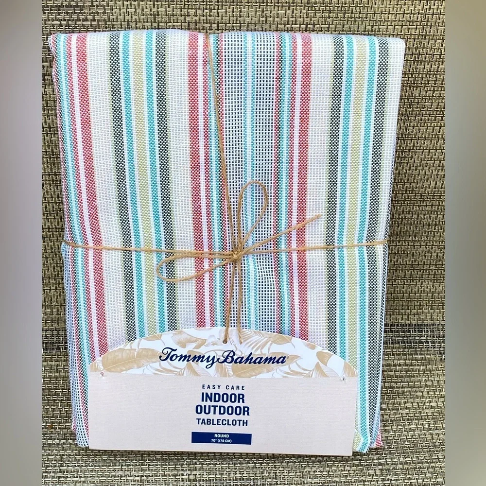 Tommy Bahama Hannah Striped Indoor Outdoor Patio Fabric Round Tablecloth 70